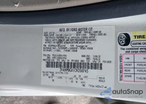 2012 Ford Fusion S z USA, uszkodzony, nr VIN 3FAHP0GA1CR350745